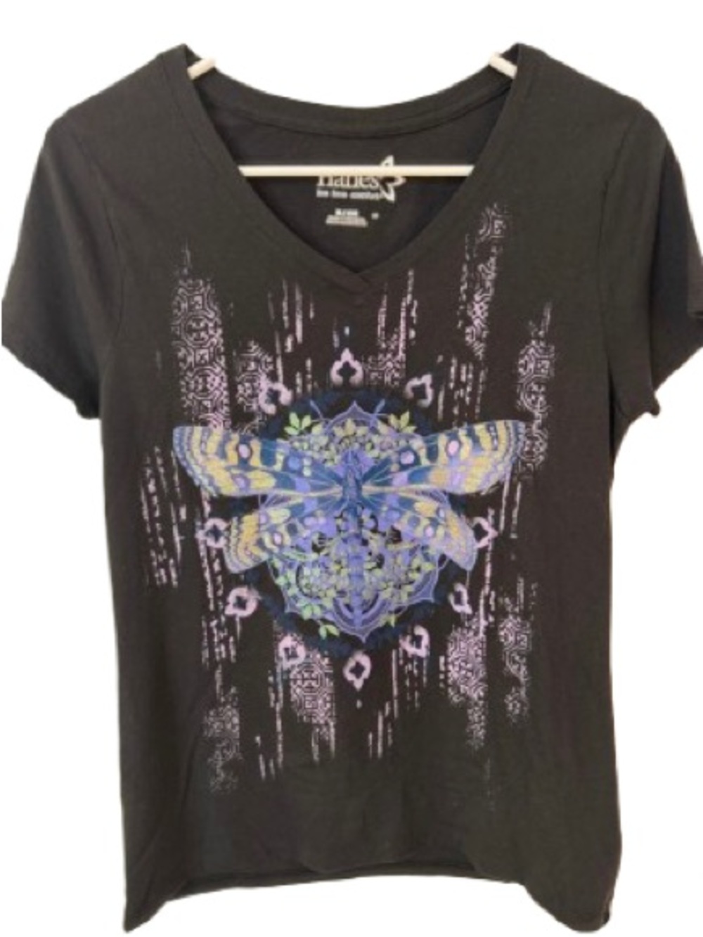 Hanes Black V-Neck Tee  Purple & Blue Butterfly Medallion 
Small Juniors